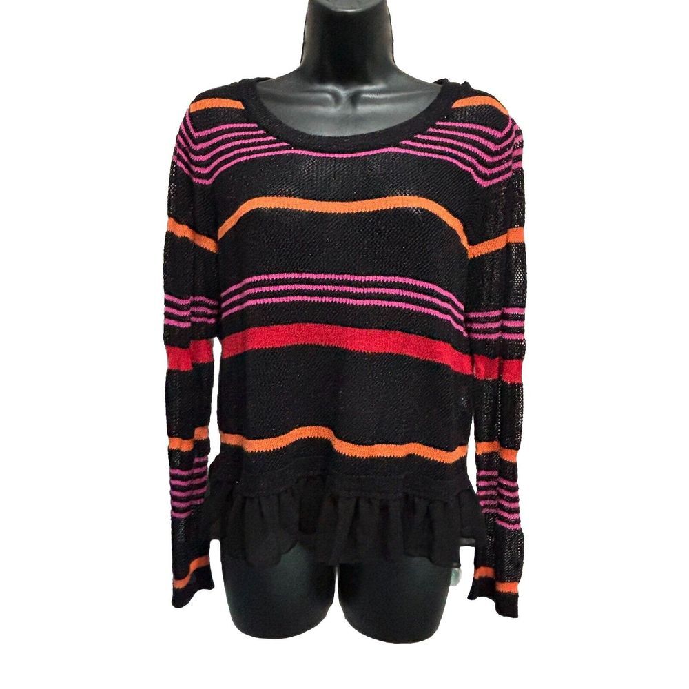Mac‎ & Jac Black/Multi Striped Sweater Round Neck Long Sleeve Size XL Open Knit
